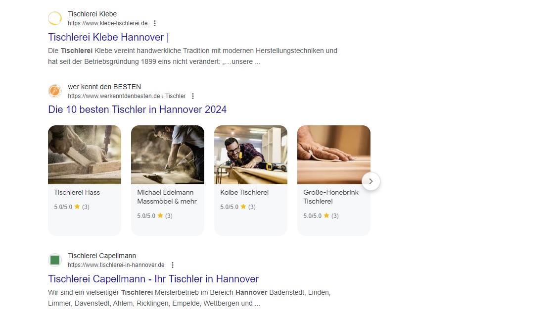 Screenshot eines Lokalen Handwerksbetriebs, mit guter Onlinepräsenz