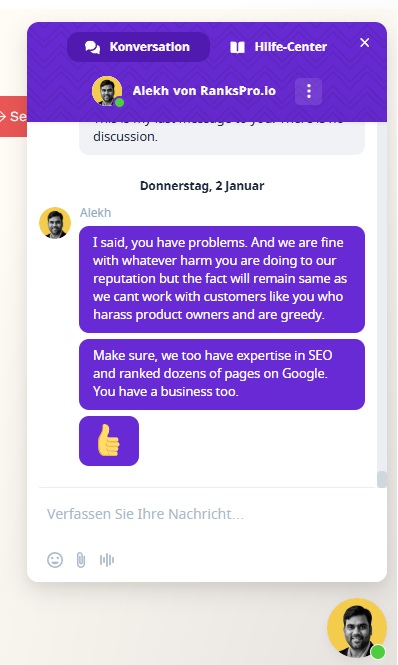 Schäfer SEO - RanksPro - Drohung im Live Chat